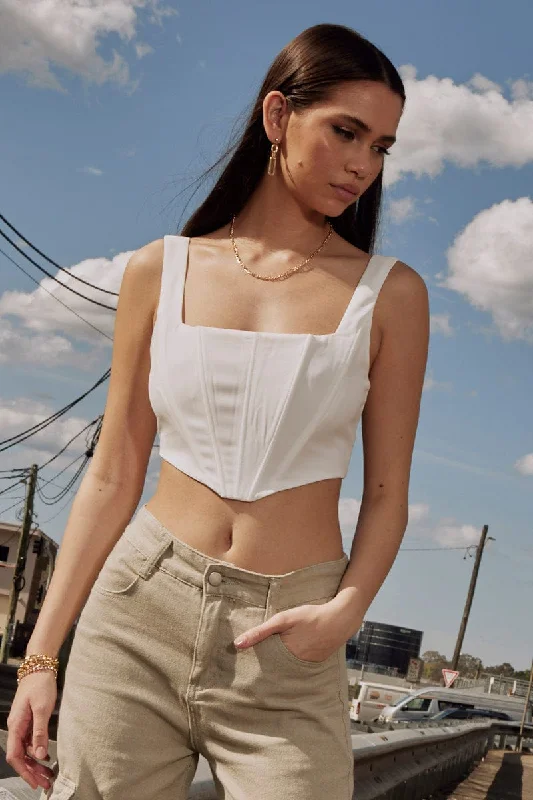 White Corset Top Sleeveless Square Neck Crop Structured Luxurious Women's High -  end