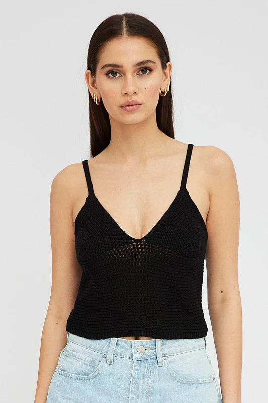 Black Crochet Singlet Top V Neck Business