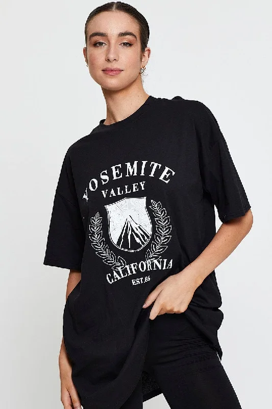 Black Graphic T Shirt Short Sleeve Refined Women's Classic 