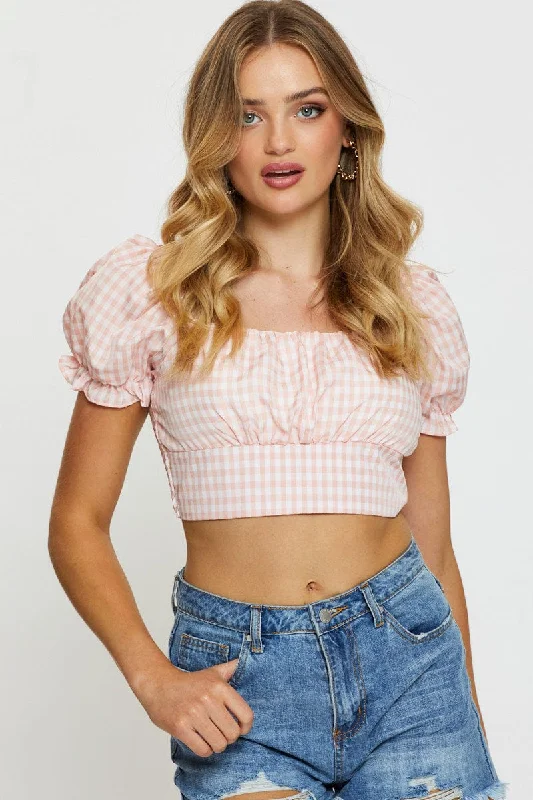 Check Crop Top Short Sleeve Dapper Women's Bow - adorned