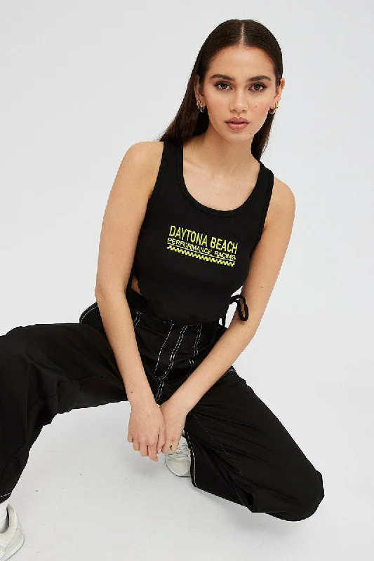 Black Tank Top Side Ties Daytona Beach Embroidery Rib Rugged Women's Outdoor 