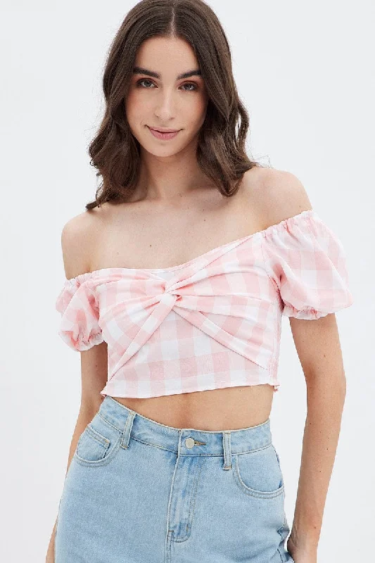 Pink Check Gingham Twist Front Crop Top Rugged Women's Outdoor 