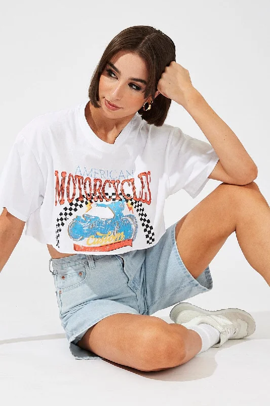 White Motocross Tee Biker Racing Graphic Crop T-Shirt Hip Women's Retro