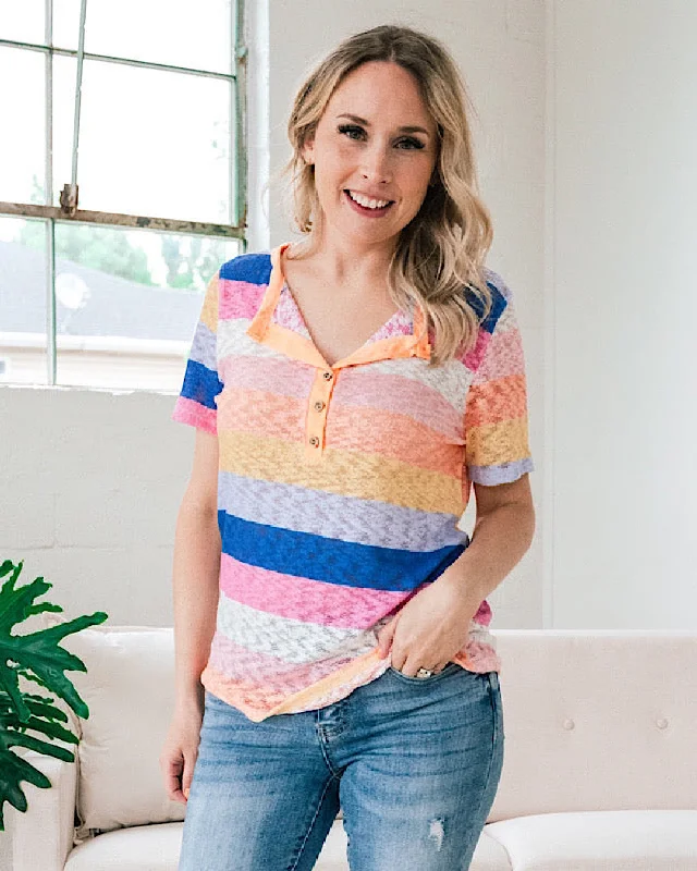 Natalia Bright Stripe Open Weave Henley Top FINAL SALE Modern Women's Tech