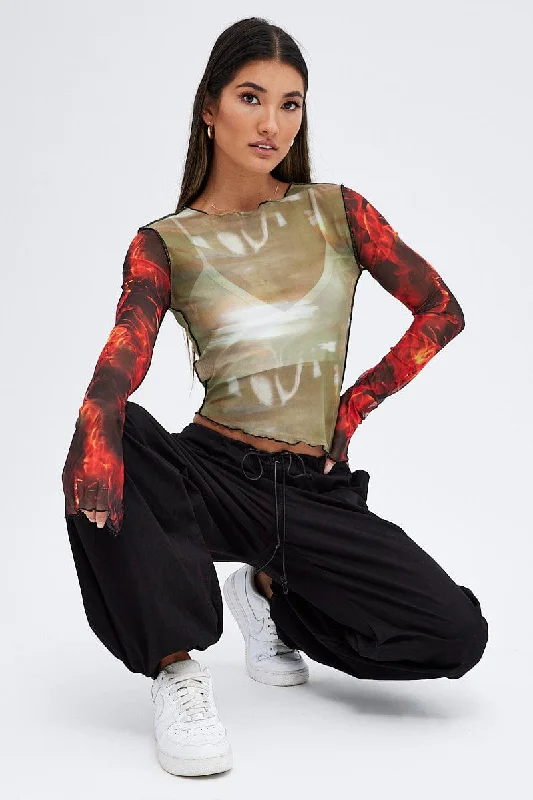 Multi Abstract Top Crew Neck Mesh Contrast Print Long Sleeves Stylish Women's Neon