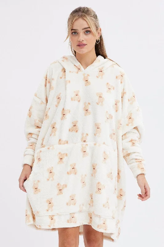 Print Teddy Bear Fluffy Cosy Blanket Hoodie PJ Tough Women's Military - inspired