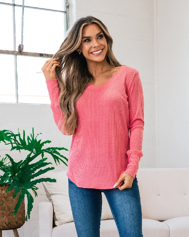 Ariel Waffle Knit V Neck Top - Candy Pink FINAL SALE Trendy Women's Oversized