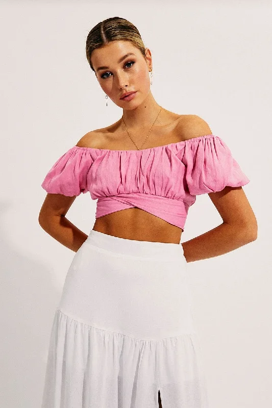 Pink Crop Top Short Sleeve Sweetheart Neckline Tie Back Cozy Women's Sherpa - lined