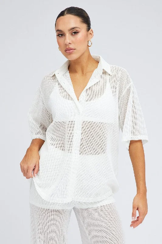 White Collar Knit Top Short Sleeve Laid - back Women's Style