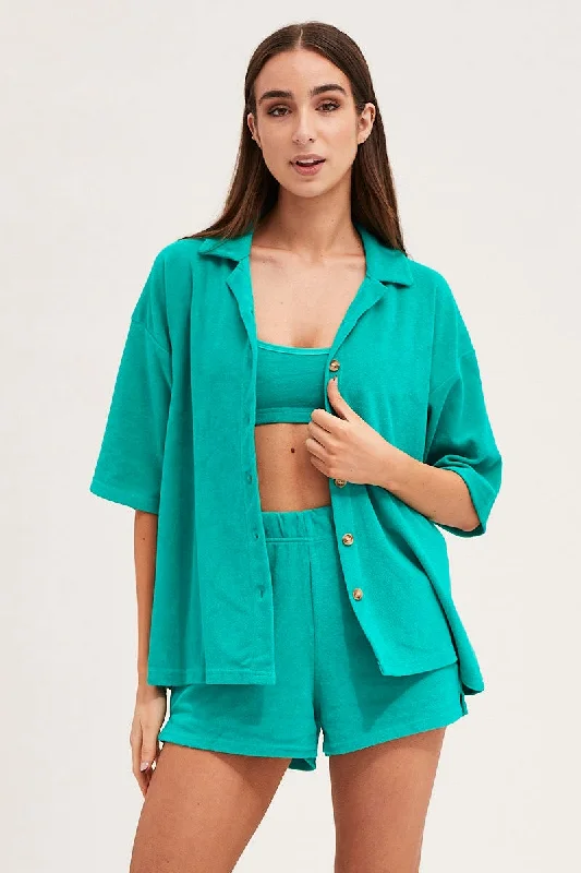 Green Lounge Top Short Sleeve Oversized Terry Sophisticated Women's 