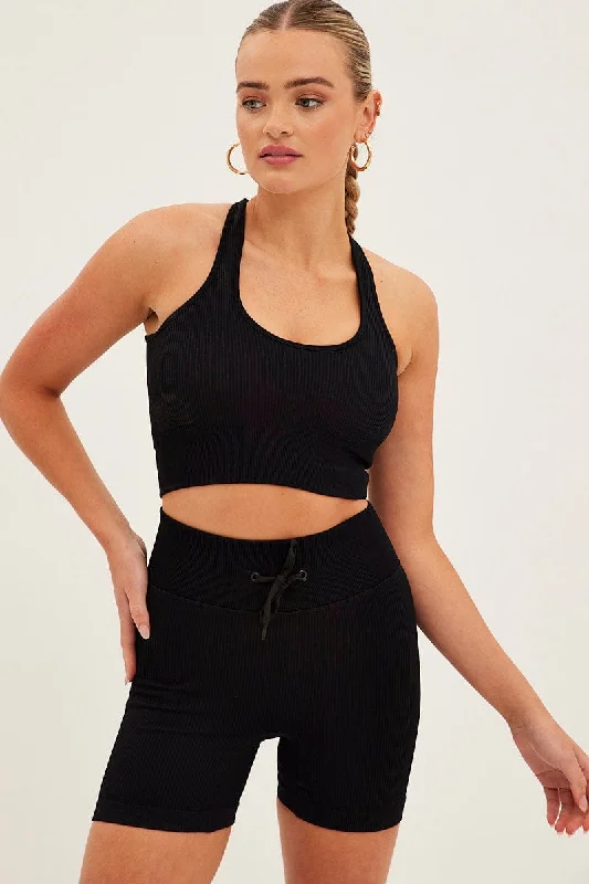 Black Seamless Halter Top And Bike Shorts Activewear Set Australian Beach
