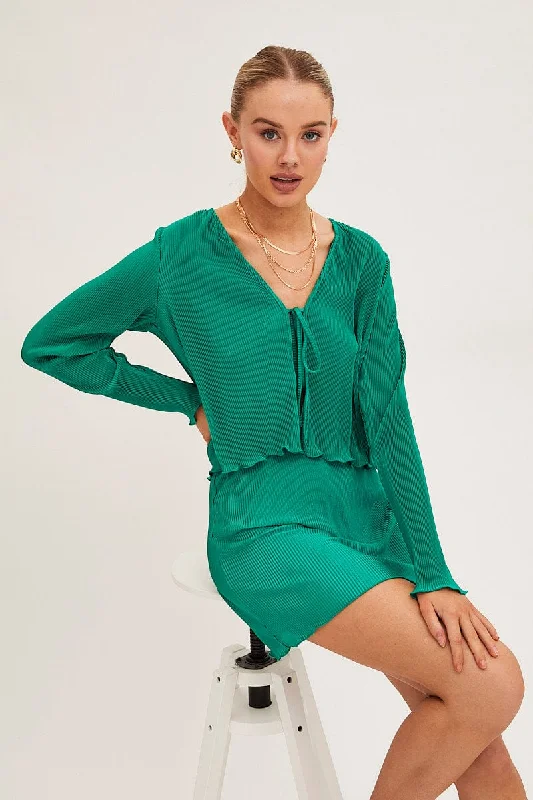 Green Bolero Long Sleeve Tie Front Plisse Satin