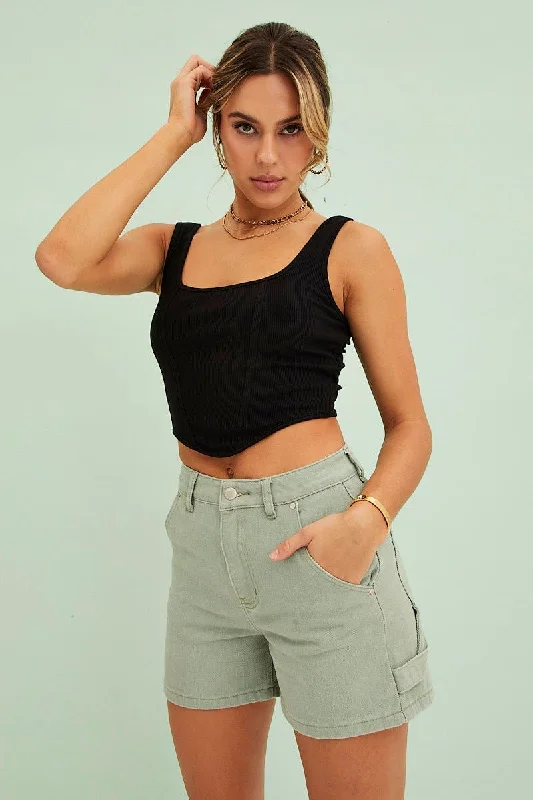 Black Corset Crop Rib Curve Hem Tank Athletic Women's 
