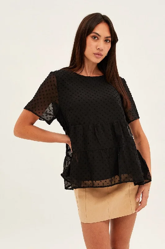 Black Dobby Chiffon Flutter Sleeve Tiered Hem Top Classic Women's Tweed