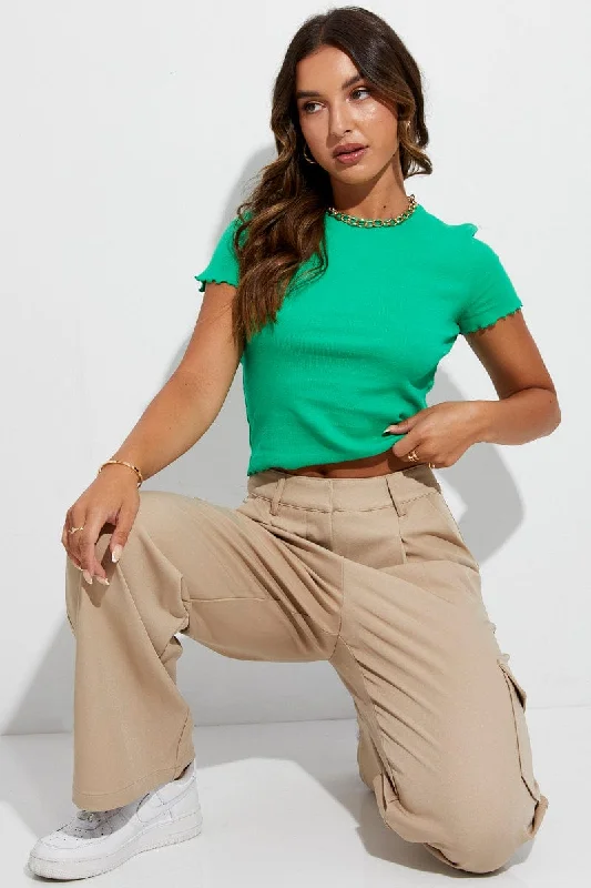 Green Crop Top Short Sleeve Crew Neck Rib Jersey Vintage Women's 1970S 