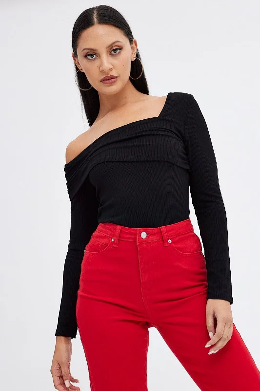 Black Top One Shoulder Long Sleeve Rib Sophisticated Women's Tailored
