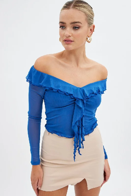Blue Mesh Top Long Sleeve Off Shoulder Frill Lined Bold Women's Animal Print