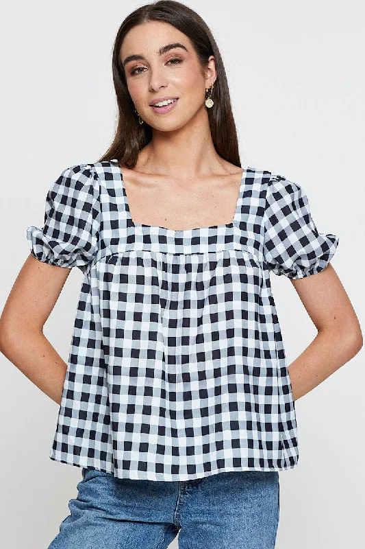Check Scoop Neck Top Short Sleeve Athletic Women's 