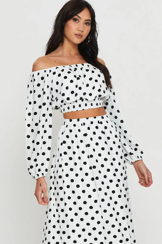 Polka Dot Crop Top Long Sleeve Off Shoulder Rugged Women's Outdoor 