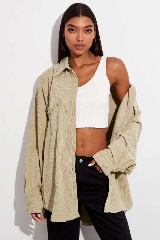 Green Corduroy Shirt Long Sleeve Collared Neck Confident Women's High - fashion