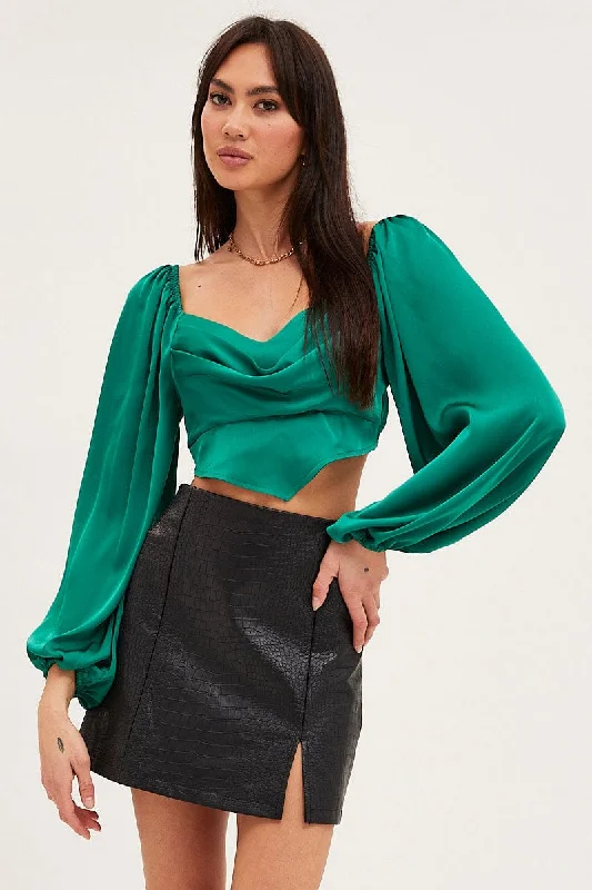 Green Puff Sleeve Top Long Sleeve Vintage Women's 1970S 