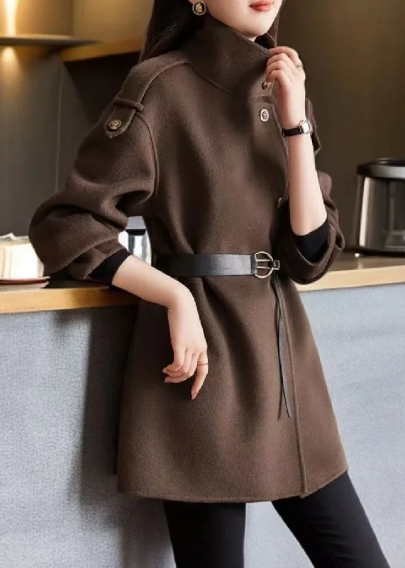 Loose Chocolate Stand Collar Button Woolen Coats Spring Artistic Women's Hand - painted Loose Chocolate Stand Collar Button Woolen Coats Spring Artistic Women's Hand - painted