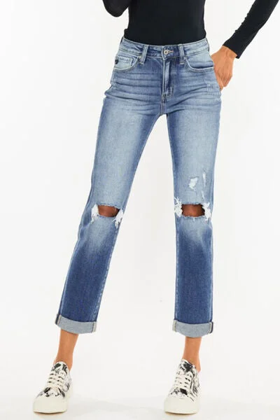 Kancan High Waist Distressed Hem Detail Cropped Straight Jeans French