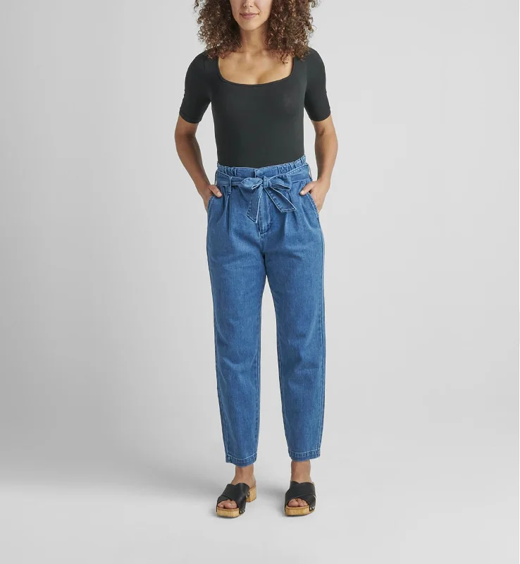 Belted Pleat High Rise Tapered Leg Pant In Blue Nova Polished Women's Silk