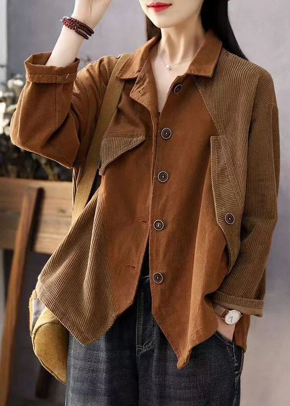 Loose Brown Peter Pan Collar Button Patchwork Corduroy Coats Spring European