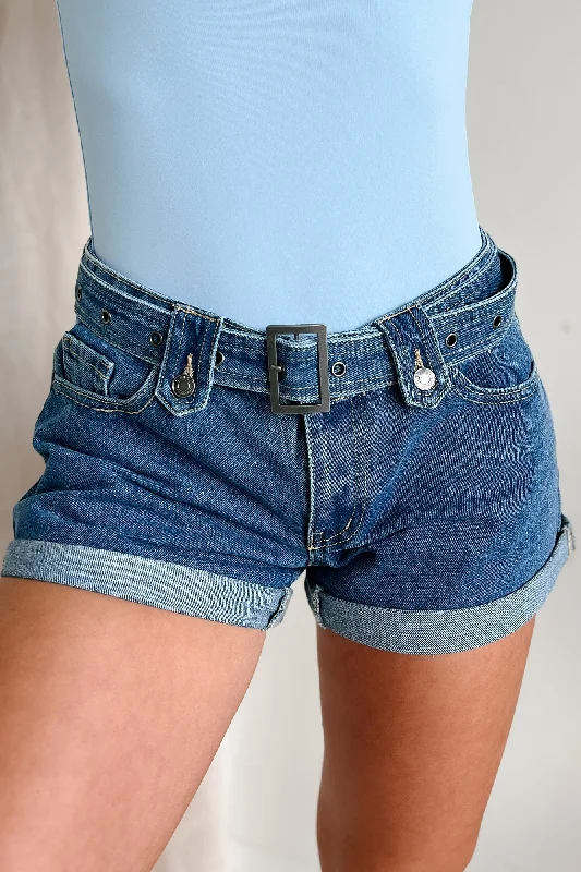 Valerie Low Rise Cuff Hem Cello Denim Shorts (Medium Denim) Feminine Women's Style 