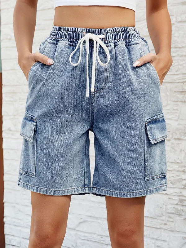 Drawstring Denim Shorts with Pockets Geometric