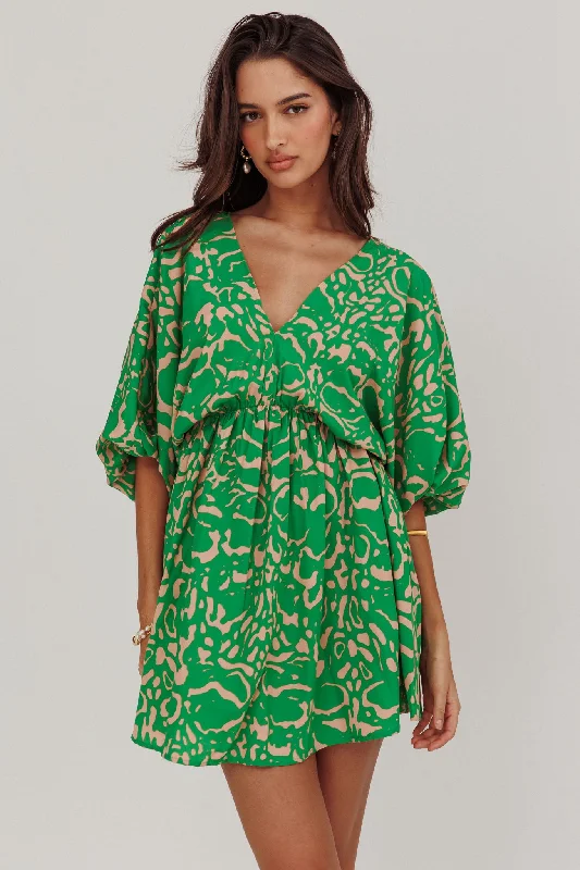 Sugar Coat Print Puff Sleeves Mini Dress Green Refined Women's Classic 