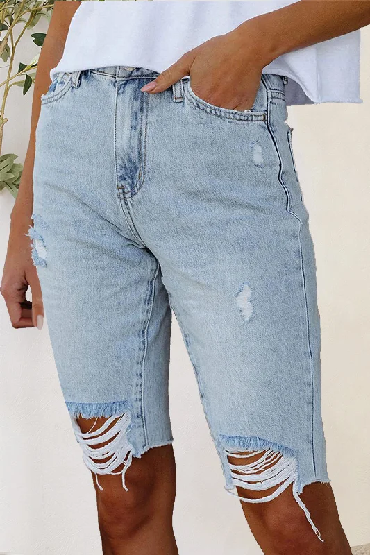 Distressed Raw Hem Denim Shorts French