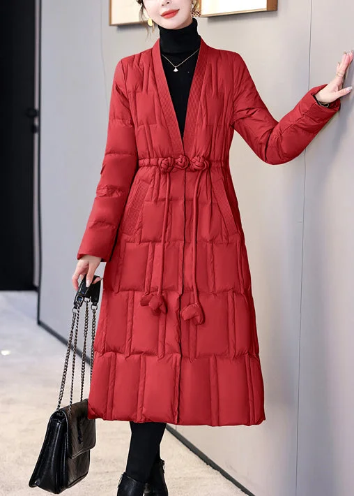 New Chinese Style Red V Neck Pockets Duck Down Puffers Coat Winter Monochromatic Office Style New Chinese Style Red V Neck Pockets Duck Down Puffers Coat Winter Monochromatic Office Style