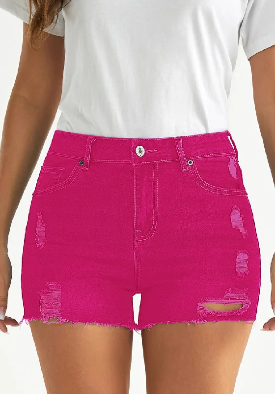 Hot Pink Women's High Waisted Distressed Denim Jeans Shorts Ripped Raw Hem Jean Shorts Sustainable Organic