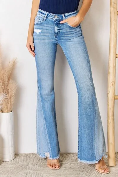 Kancan Mid Rise Raw Hem Flare Jeans Minimalist Women's Casual