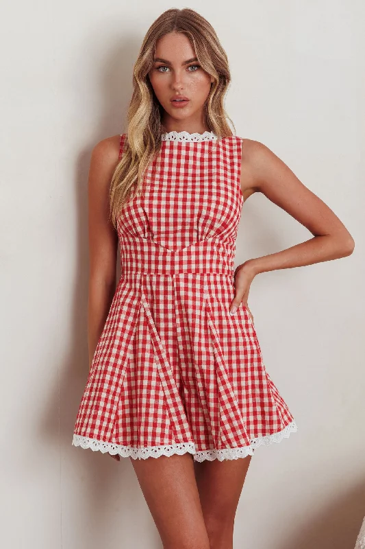 Loving Me Sleeveless Romper Gingham Red European