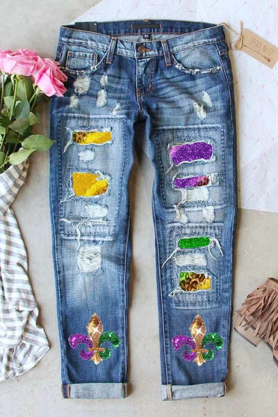 Mardi Gras Sequin Distressed Straight Jeans Women
