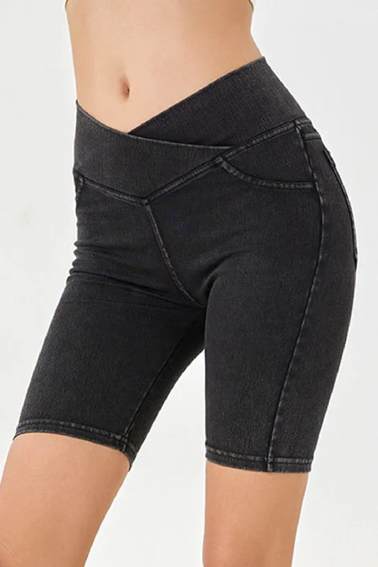 Basic Bae Asymmetrical Waist Denim Shorts with Pockets Geometric