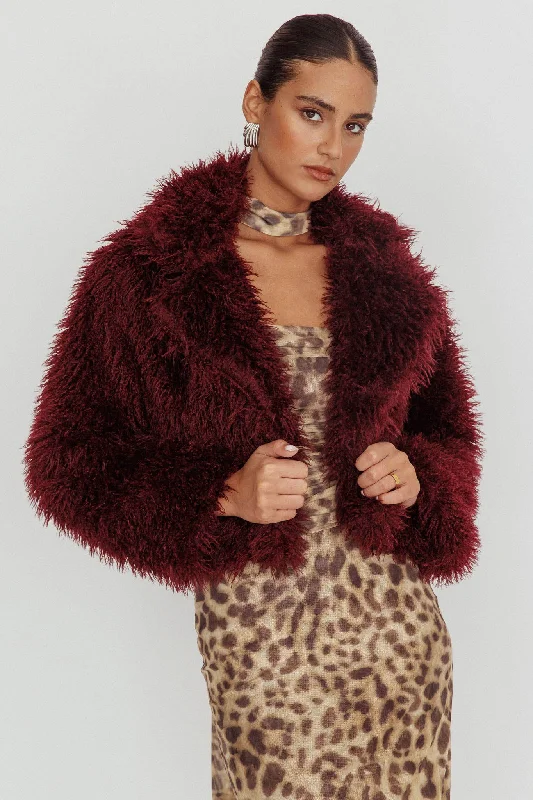 Aland Fuzzy Faux Fur Jacket Wine Edgy Women's Punk