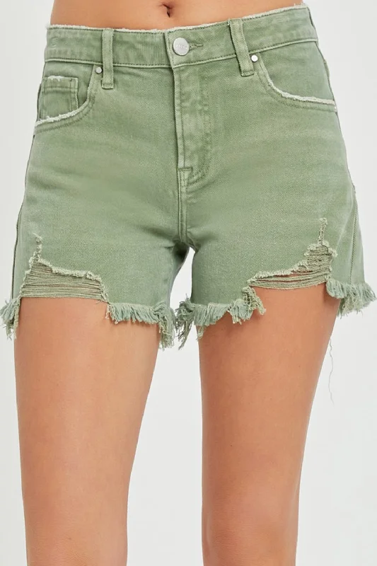 RISEN Mid Waist Frayed Hem Denim Shorts Cashmere