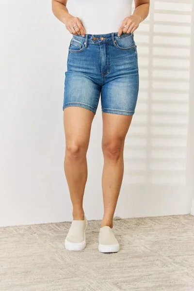 Judy Blue Full Size Tummy Control Double Button Bermuda Denim Shorts Sporty Women's Athleisure 