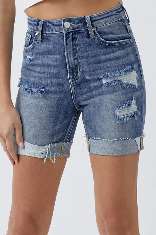 RISEN Full Size Distressed Rolled Denim Shorts with Pockets Earthy Women's Hemp - based