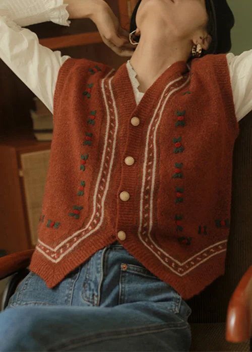 Italian Red V Neck Button Patchwork Knit Waistcoat Sleeveless Bohemian Women's Free