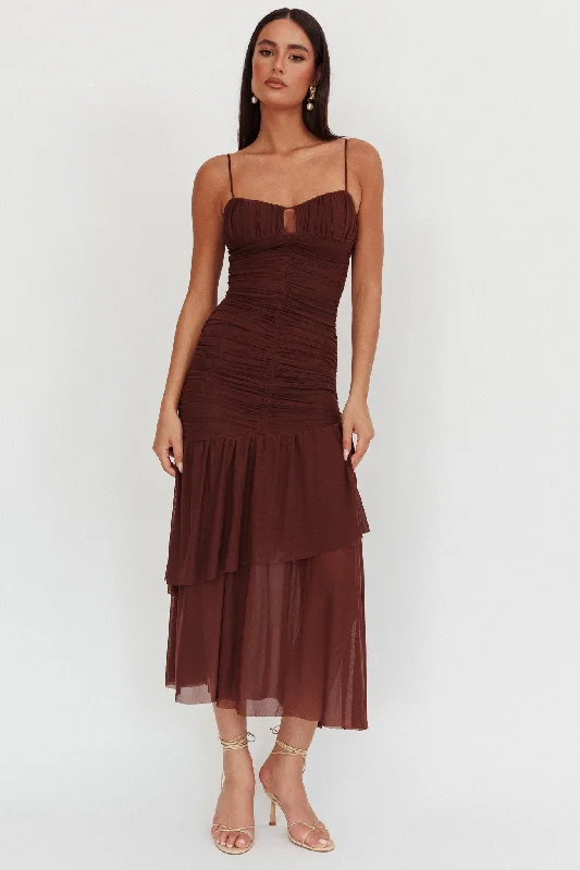 Kailua Ruched Tiered Hem Maxi Dress Chocolate Compression
