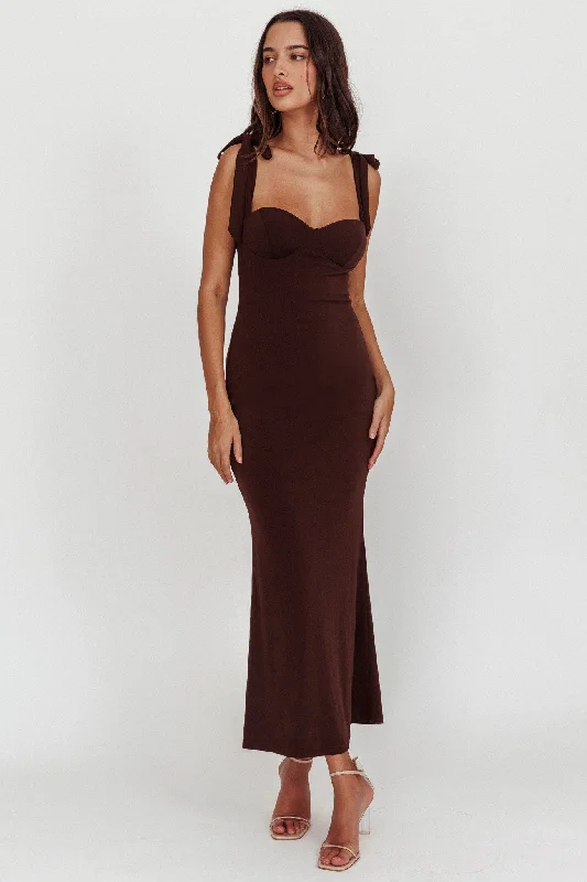 Rose Garden Tied Shoulder Maxi Dress Brown Sleek Women's Metallic