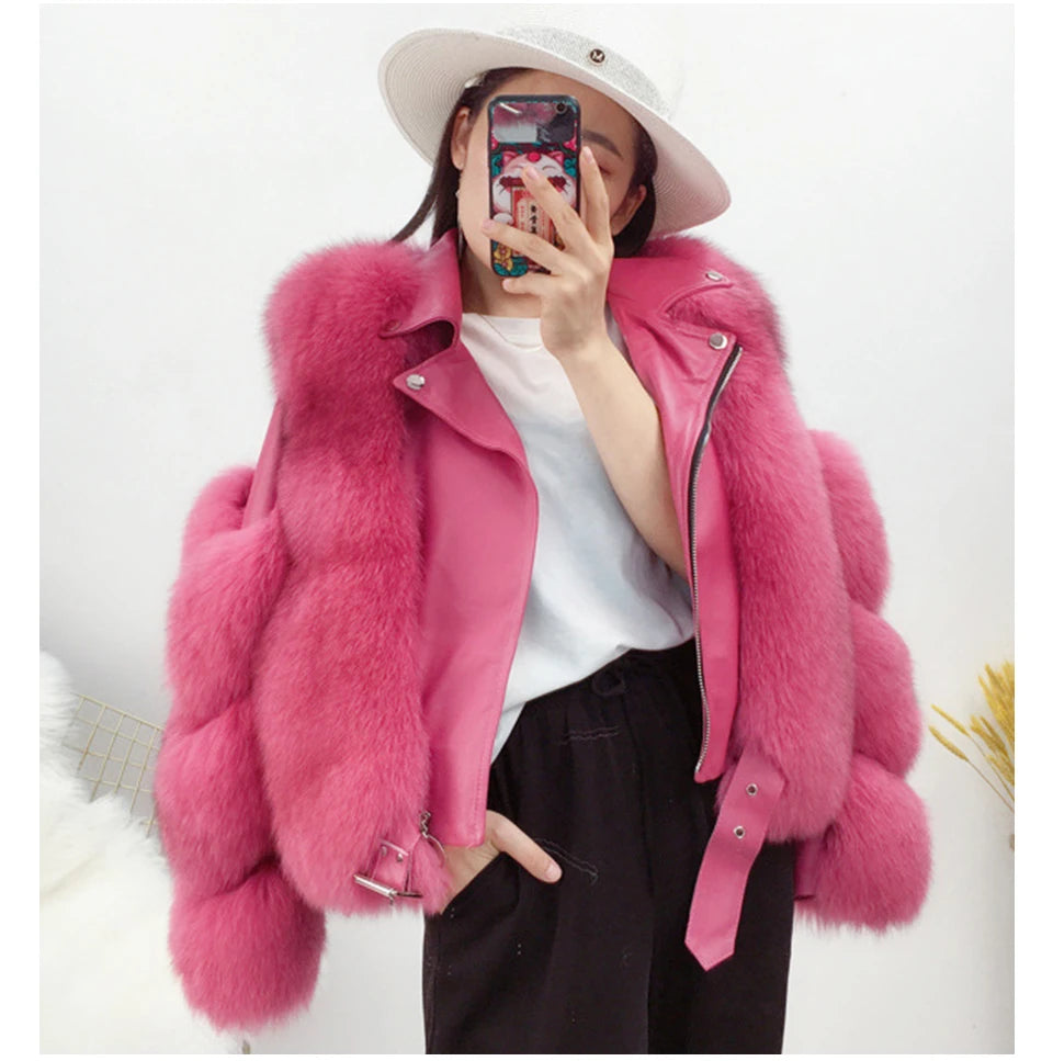 Women's Luxury Dark Pink Winter Real Fox Fur Genuine Sheepskin Leather Jacket Sleek Women's Women's Luxury Dark Pink Winter Real Fox Fur Genuine Sheepskin Leather Jacket Sleek Women's