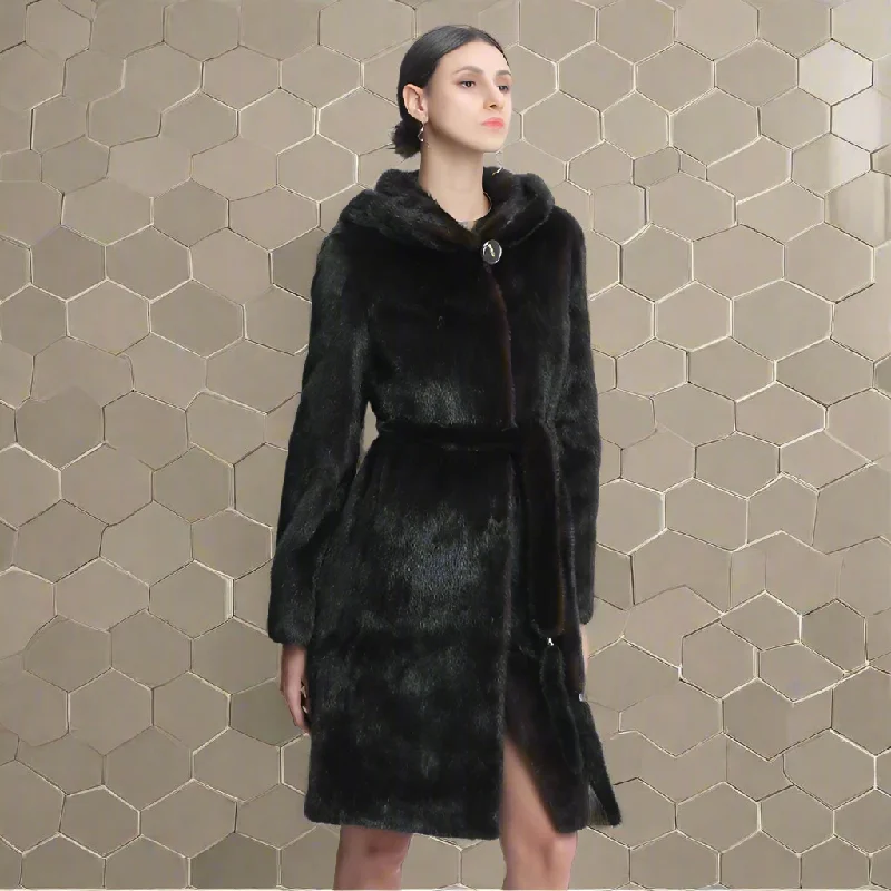 Women's Luxury Winter Warm Genuine Mink Fur Hooded Coat with Belt Tough Women's Military - inspired