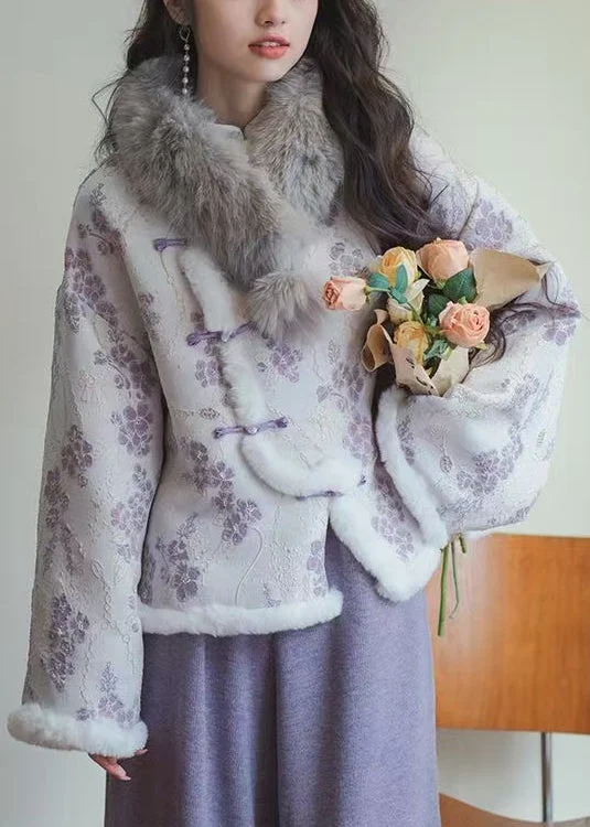 Art Purple Button Print Patchwork Cotton Filled Coats Spring Sleek Women's Metallic