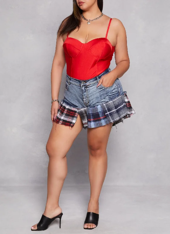 Plus Size Plaid Patchwork Hem Denim Shorts Cashmere